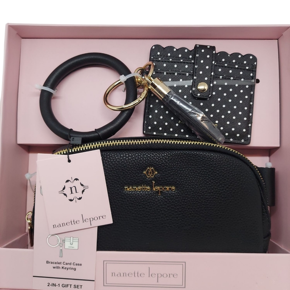 Nanette Lepore Black Belt Bag & Bracelet Card Case With Keyring Set NWT